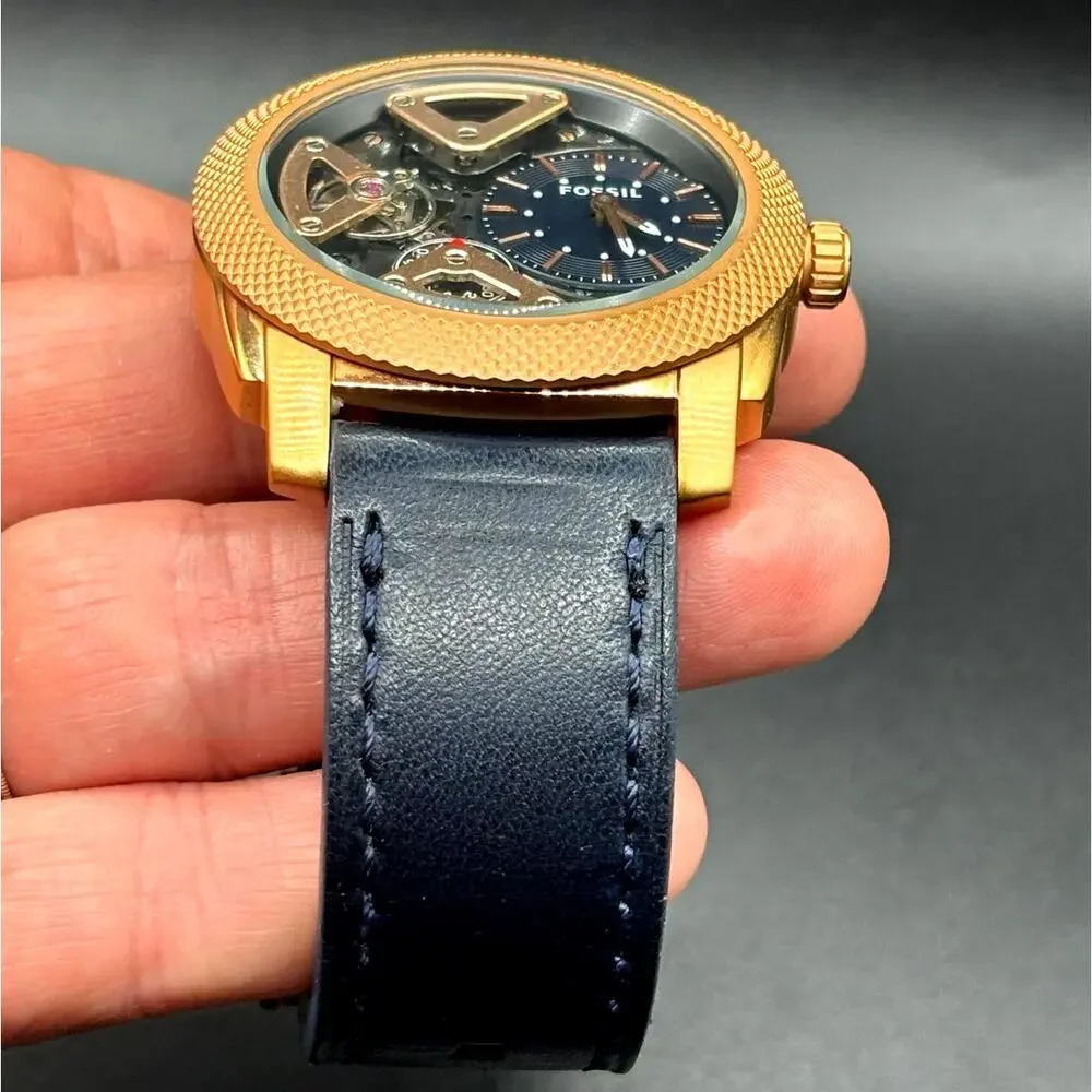 Fossil ME1158 Machine Twist Hybrid Rose Gold Blue Leather Men's Watch 45mm
